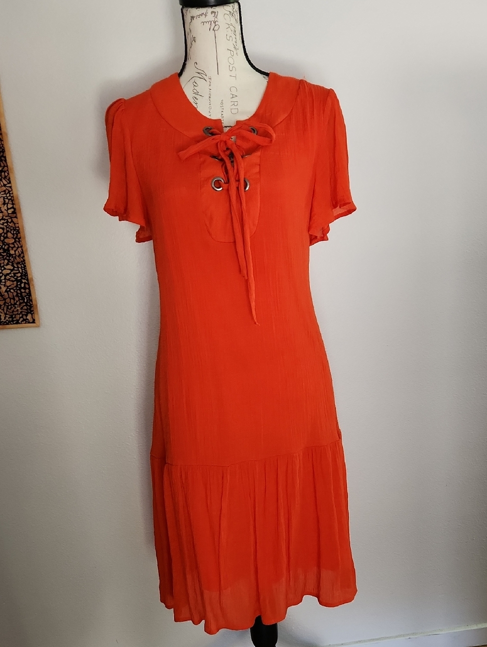 Indigo Blue Women's Orange Lace-up Tulip Sleeve Dress W/Ruffle Size L